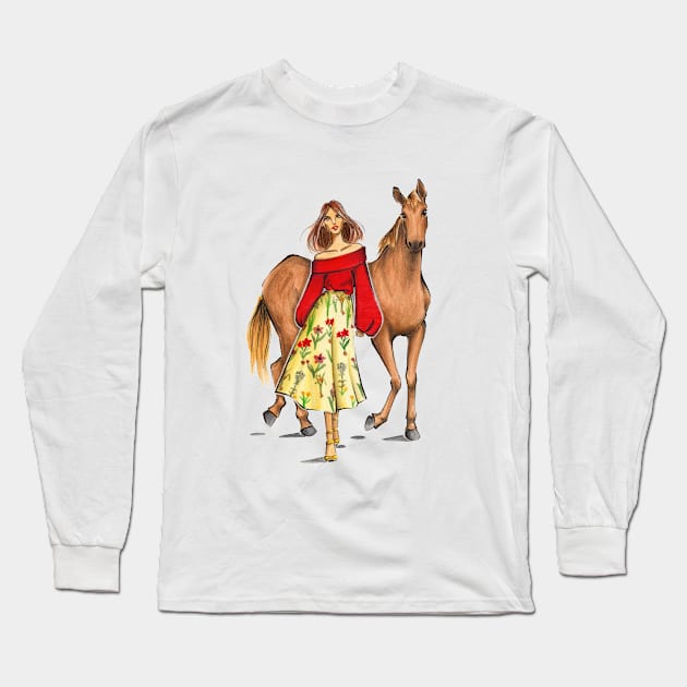 Lady and The Horse Long Sleeve T-Shirt by Ji Illustrator